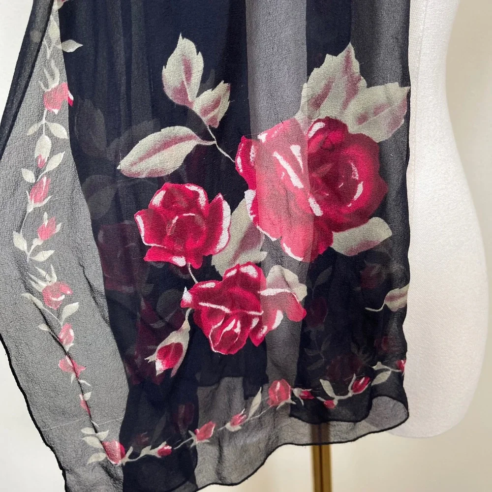 Vintage Floral Rose Silk Chiffon Scarf Black Red‎ Sheer 90s Goth Dark Romantic